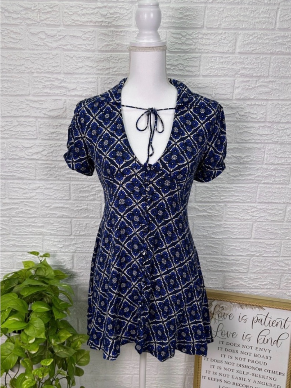 Free People Melody Dress Blue Print button Front